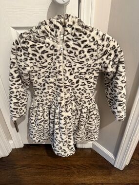 Girls Fuzzy Leopard Print Hooded Zip Dress